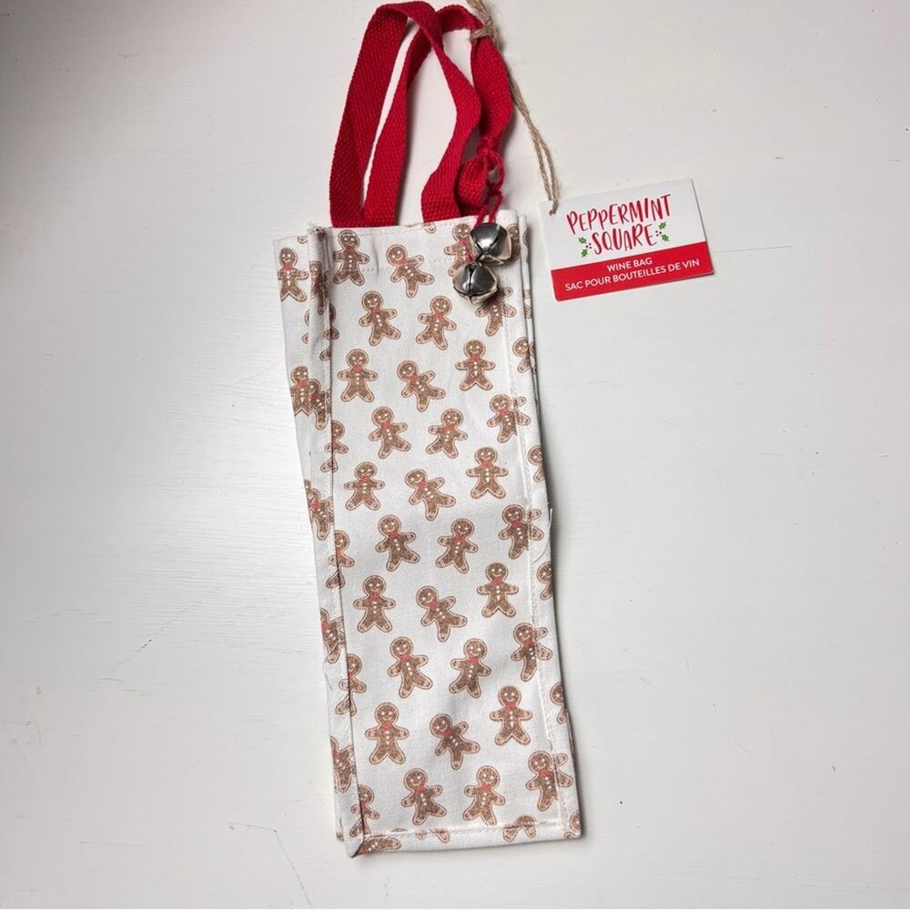 Gingerbread Design  Holiday Celebration Wine Bag with Red Handles With Bells